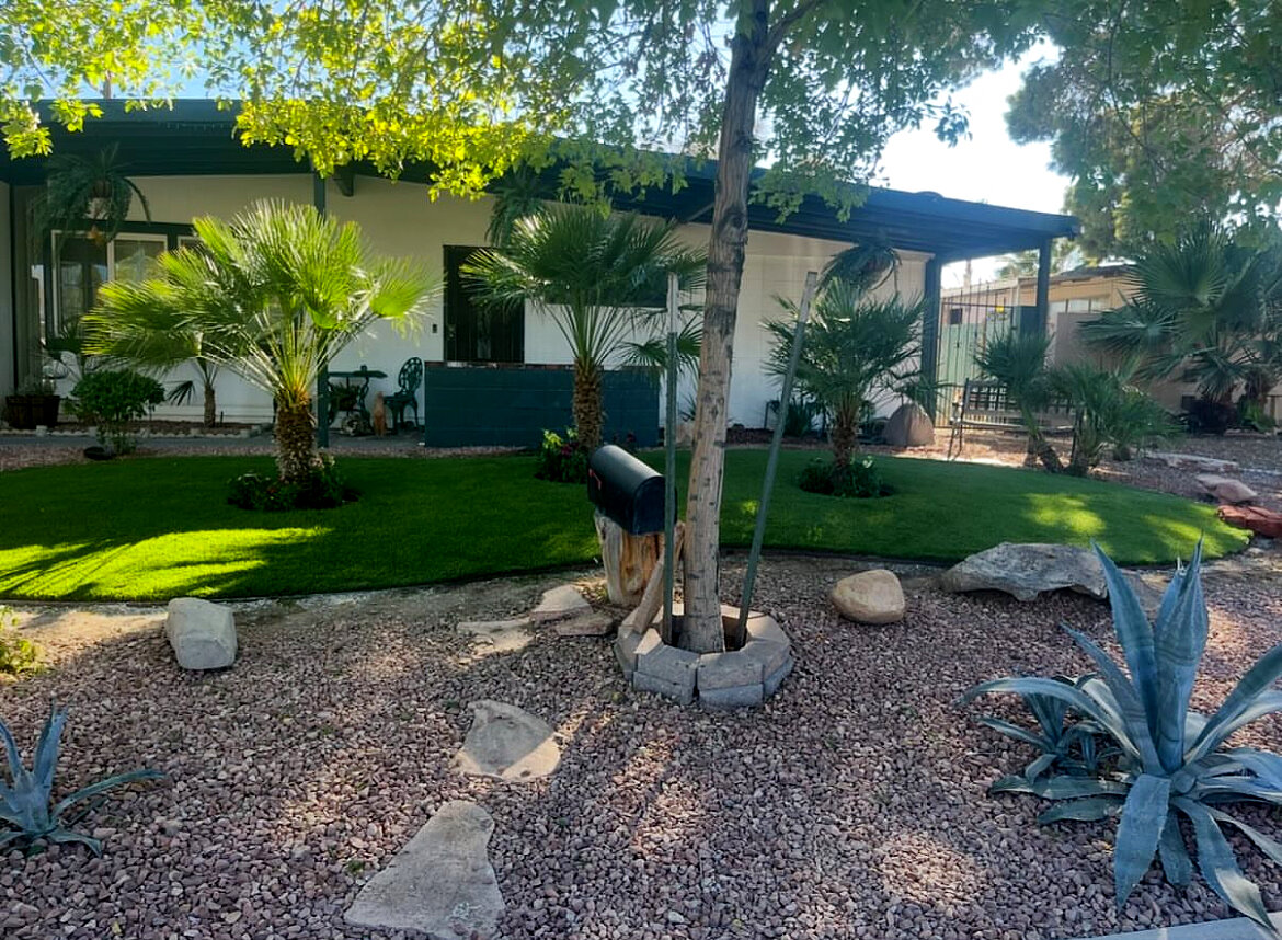 Front lawn with palms & desert rock